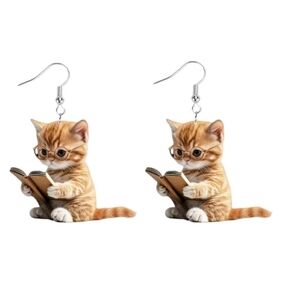 "Nerdy Kitty" Adorable Brown Cat Reading A Book Acrylic Earrings New!